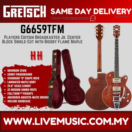 Gretsch G6659TFM Players Edition Broadkaster Jr Centre Block Single-Cut Guitar w/String-Thru Bigsby, Bourbon Stain