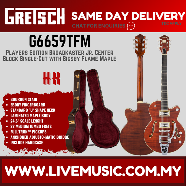 Gretsch G6659TFM Players Edition Broadkaster Jr Centre Block Single-Cut Guitar w/String-Thru Bigsby, Bourbon Stain