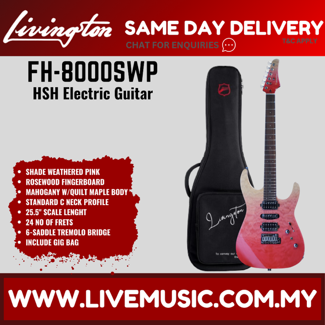 Livingston FH-8000-PACK Stratocaster HSH Electric Guitar w/GA15II Amplifier, Rosewood Fretboard - Shade Weathered Pink( FH8000 FH 8000 )
