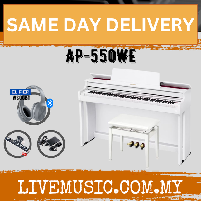 White digital piano with 88 keys and bench included