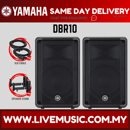 Pair of Yamaha DBR10 powered speakers, front mesh grilles, black.