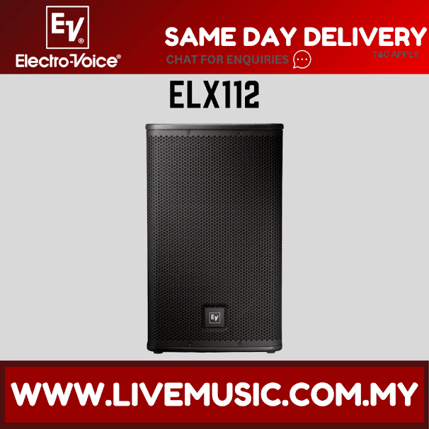 Black 12-inch passive PA speaker cabinet with front grille and EV badge