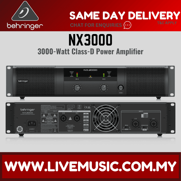 Behringer NX3000 2-channel power amplifier, front panel with knobs and display.