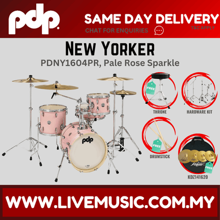 PDP New Yorker 4-piece Shell Pack With Cymbals Set - Pale Rose Sparkle ( PDNY1604PR / PDNY1604 )