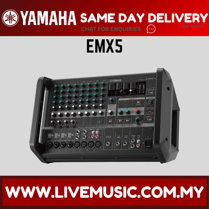 Black EMX5 powered mixer control panel with knobs, sliders, and input ports