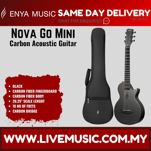 Black mini travel acoustic guitar with padded gig bag and carbon-fiber style body