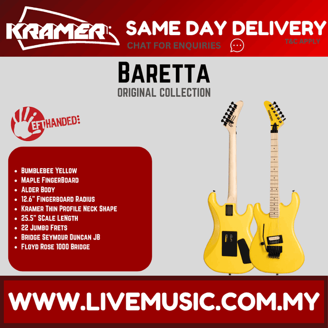 Kramer Baretta Left-handed Electric Guitar With Maple Fretboard - Bumblebee Yellow