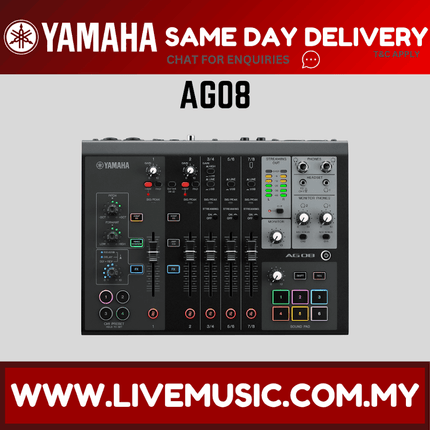 Black Yamaha AG08 8-channel mixer with USB and knobs, sliders, and input/output ports