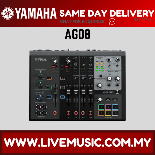 Black Yamaha AG08 8-channel mixer with USB and knobs, sliders, and input/output ports