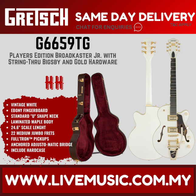 Gretsch G6659TG-VWH Players Edition Broadkaster Jr Centre Block SC w/Bigsby, Ebony FB, Vintage White