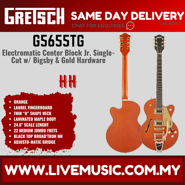 Orange single-cut electric guitar with Bigsby-style tailpiece and gold hardware