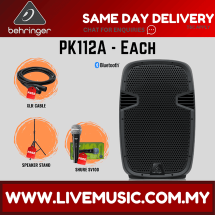 Behringer PK112A Active 600W 12" PA Speaker System w/Bluetooth w/Wireless Mic, Speaker Stand & Cable - (PK-112A PK 112A)