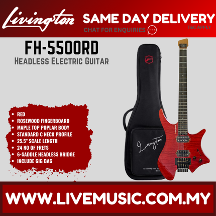 Red headless electric guitar with gig bag, rosewood fretboard, maple body