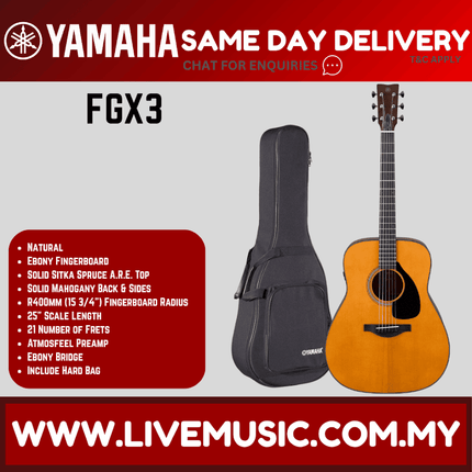 Yamaha FGX3 acoustic-electric guitar in natural finish with black hard case