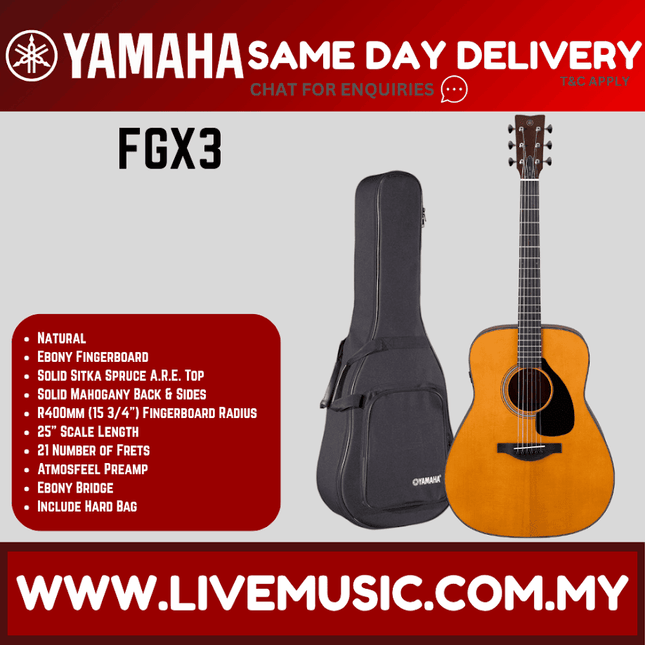 Yamaha FGX3 acoustic-electric guitar in natural finish with black hard case