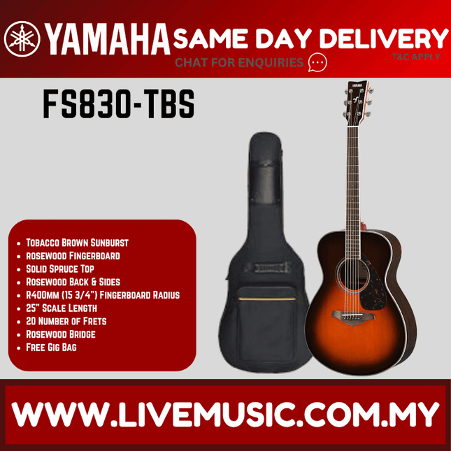 Yamaha FS830 Concert Acoustic Guitar w/Bag - T. Brown Sunburst (FS-830 FS 830)