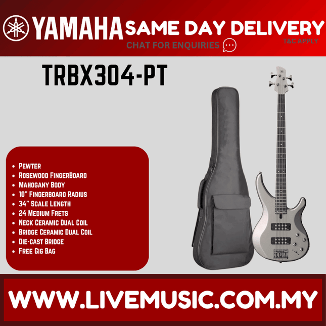 Yamaha TRBX304 4-string Electric Bass Guitar Package - Pewter ( TRBX 304 / TRBX-304 )