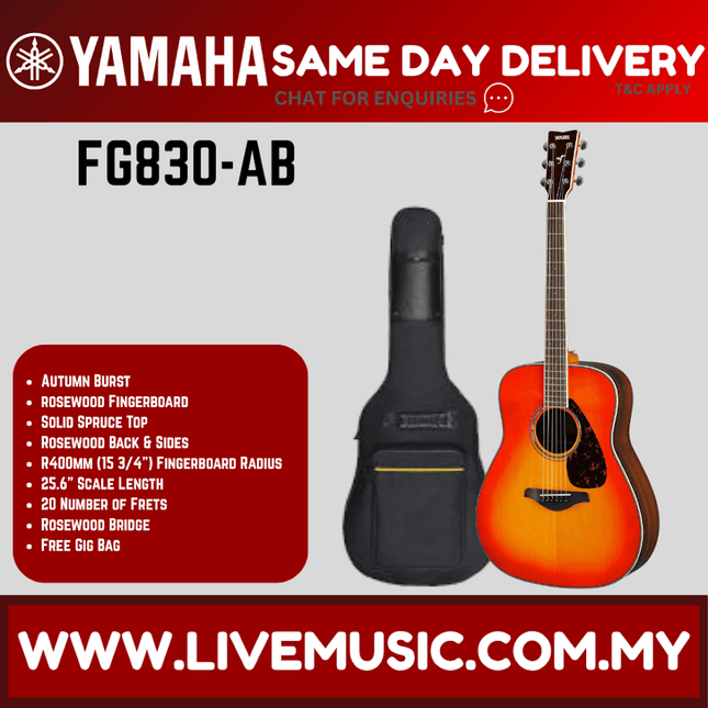 Yamaha acoustic guitar with dark gig bag, autumn burst finish and steel strings