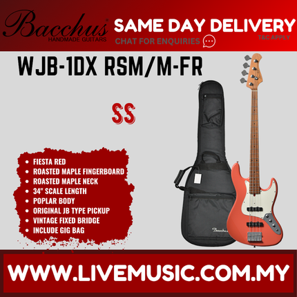 Bacchus WJB-1DX RSM/M Universe Series Roasted Maple Electric Bass - Fiesta Red ( WJB1DXRSMM / WJB1DX )