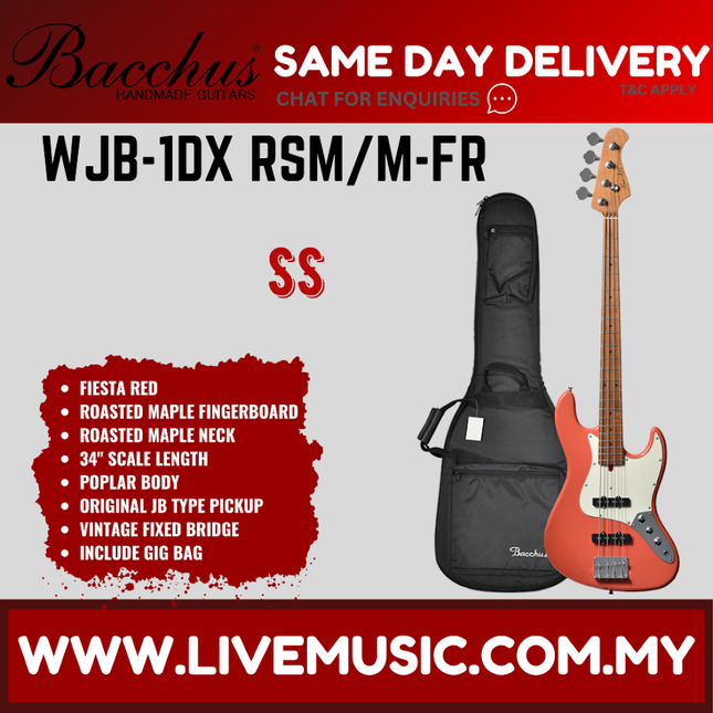Fiesta red electric bass guitar with roasted maple neck, in black gig bag