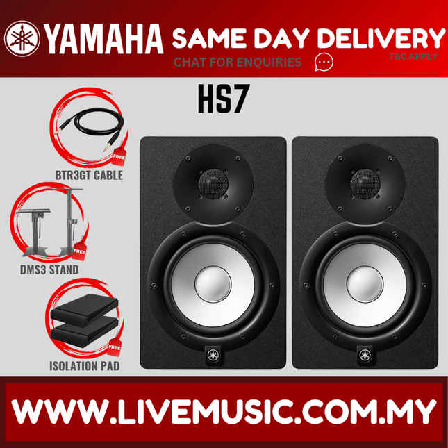 Black Yamaha HS7 powered studio monitors with stand and isolation pad icons