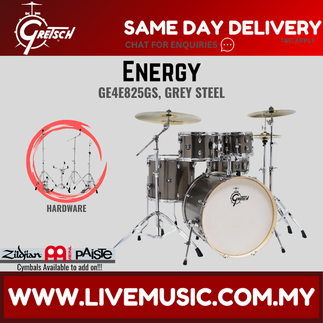 Gretsch Energy 5-piece drum set with grey steel shells, bass drum, toms, and cymbals