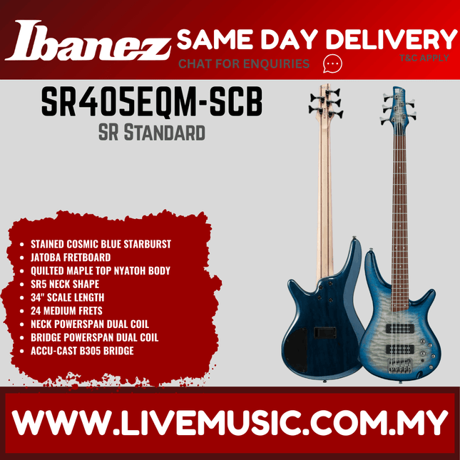 Ibanez SR405EQM-SCB SR Standard Series 5 Strings Electric Bass, Stained Cosmic Blue Starburst ( SR405EQMSCB / SR405EQMSCB )