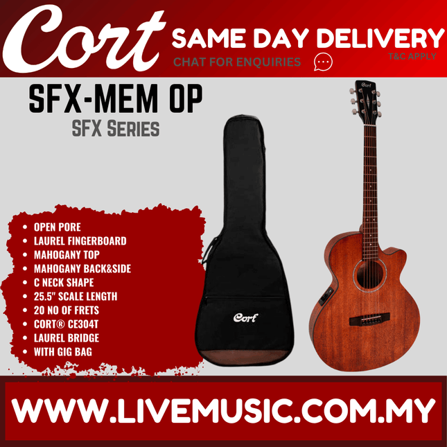 Cort SFX-MEM - Acoustic-Electric Guitar Mahogany Top, Merbau Fretboard with Gig Bag - Open Pore (SFX MEM/SFXMEM)