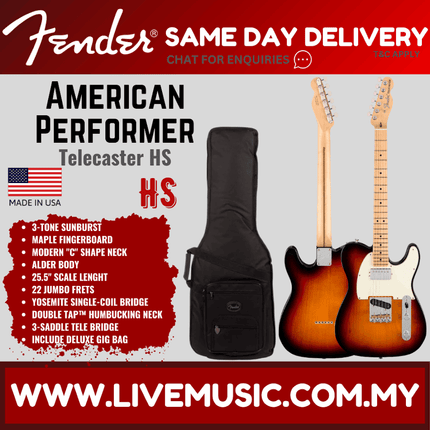 Fender American Performer HS Telecaster Electric Guitar, Maple Fretboard with Bag - 3-Tone Sunburst