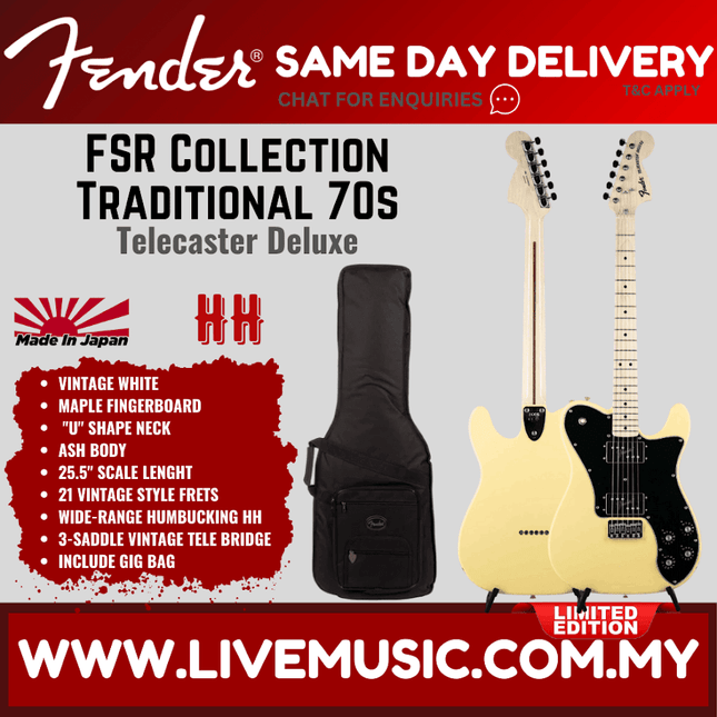 Fender FSR Collection Traditional 70s Telecaster Deluxe Electric Guitar, Maple FB,  Vintage White