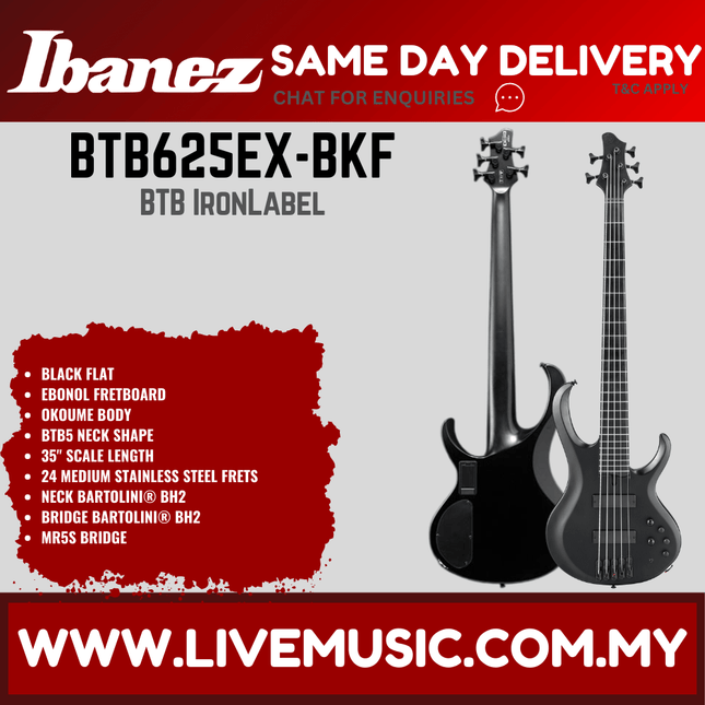 Ibanez Iron Label BTB625EX-BKF Bass Guitar - Black Flat ( BTB625EX BKF / BTB625EXBKF )