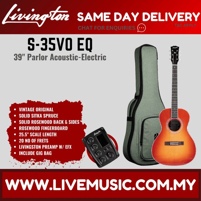 Livingston S-35 EQ 39" Full Solid Parlor Acoustic Guitar, Rosewood FB - Vintage Original / Vintage Hues ( S35 S 35 )