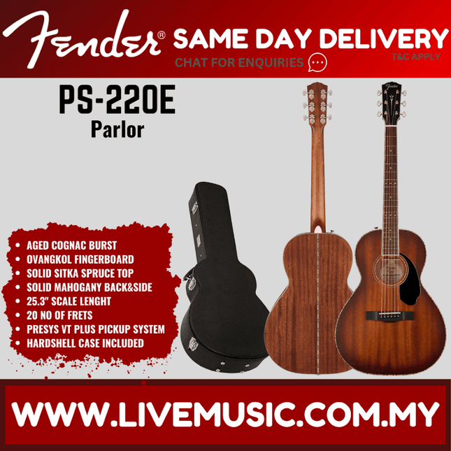 Fender PS-220E Parlour Electro Acoustic Guitar, Natural / Aged Cognac Burst / 3 Colour Vintage Sunburst ( PS220E / PS 220E )