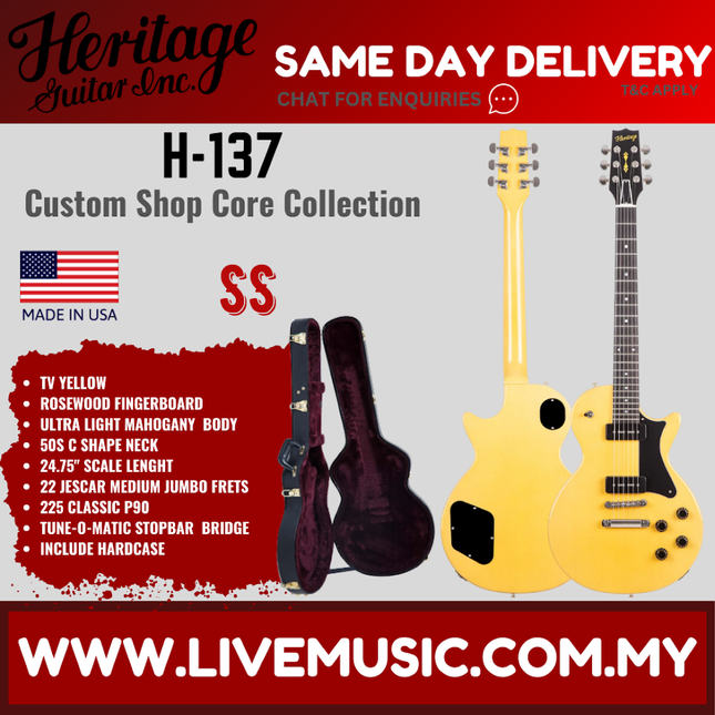 Heritage Custom Shop Core Collection H-137 Electric Guitar, TV Yellow ( H137 / H 137 )