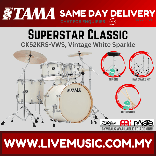 5-piece drum set with vintage white sparkle shells and cymbals, hardware kit included