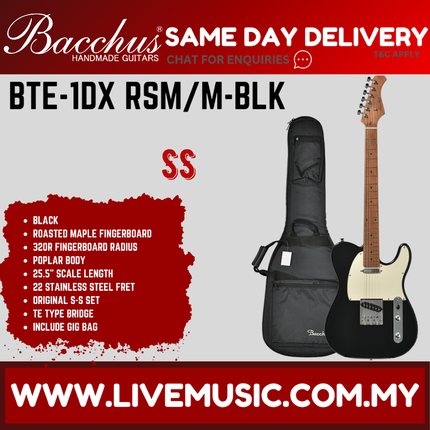 Bacchus BTE-1DX-RSM/M-BLK Universe Series Roasted Maple Electric Guitar, Black ( BTE1DXRSMM / BTE 1DX RSMM )