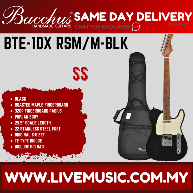 Bacchus BTE-1DX-RSM/M-BLK Universe Series Roasted Maple Electric Guitar, Black ( BTE1DXRSMM / BTE 1DX RSMM )