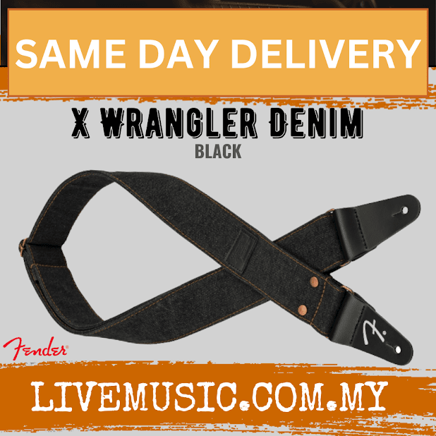 Denim guitar strap in black with leather ends and adjustable buckle