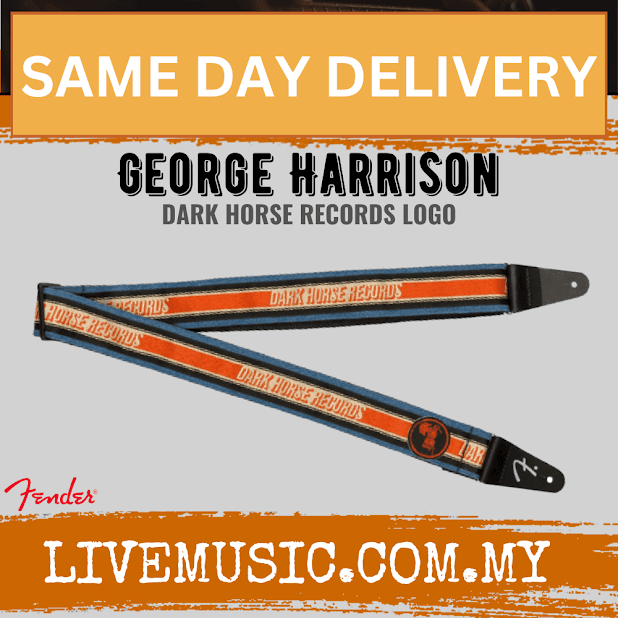 Fender George Harrison Dark Horse logo guitar strap with orange-and-blue patterned webbing