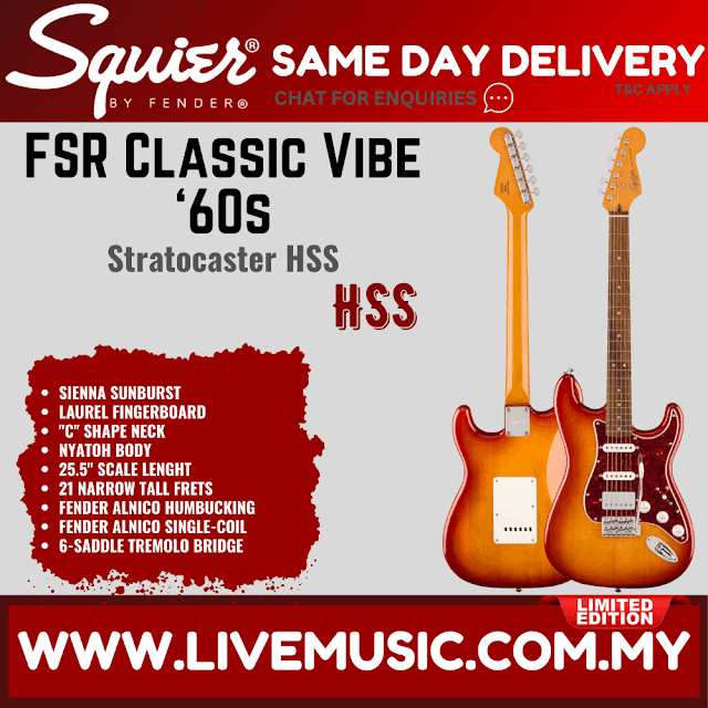 Squier Limited Edition Classic Vibe 60s Stratocaster HSS Electric Guitar, Laurel FB, Sienna Sunburst