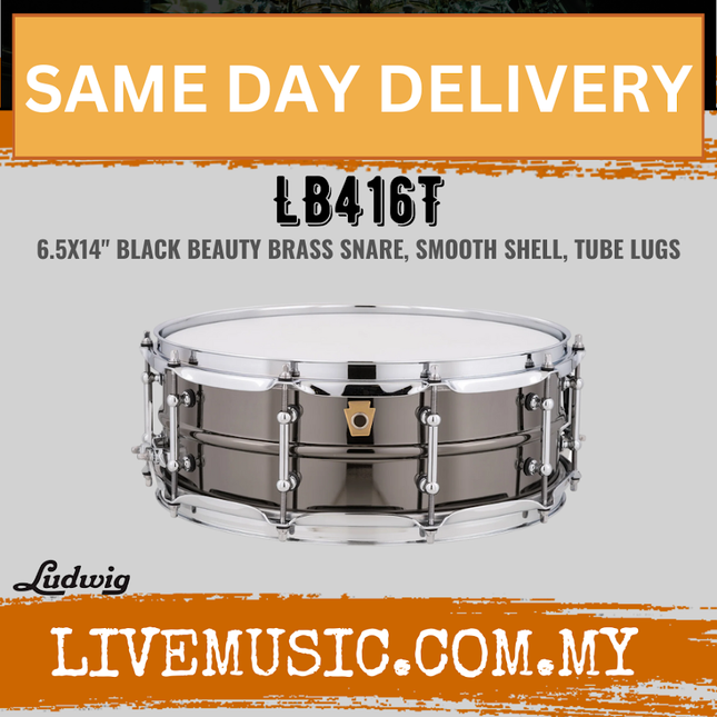 Ludwig LB416T 5x14inch Black Beauty Brass Snare Drums, Smooth Shell, Tube Lugs