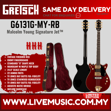 Gretsch G6131G-MY-RB Limited-Ed Malcolm Young Signature Jet Electric Guitar, Ebony FB, Firebird Red