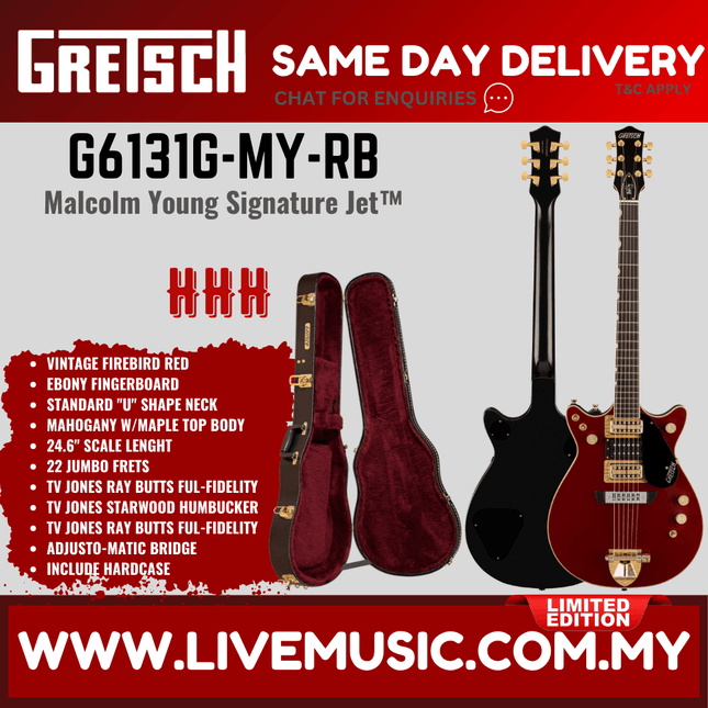 Gretsch G6131G-MY-RB Limited-Ed Malcolm Young Signature Jet Electric Guitar, Ebony FB, Firebird Red