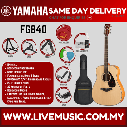 Yamaha FG840 Solid Spruce Top Acoustic Guitar - Natural ( FG-840 / FG 840 )