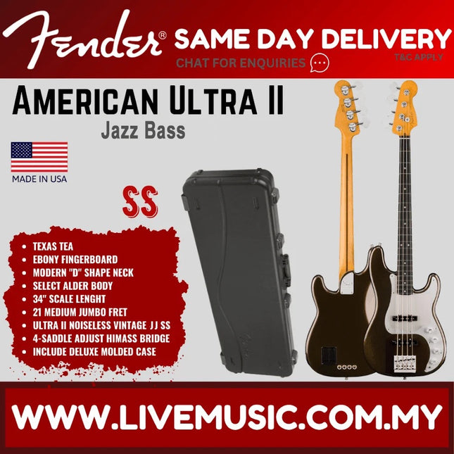 Ebony Jazz Bass guitar with fitted case, chrome hardware and four-string body