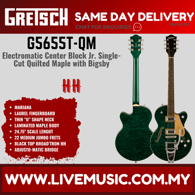 Gretsch G5655T-QM Electromatic Center Block Jr. Single-Cut Quilted w/ Bigsby Guitar, Maple FB, Mariana