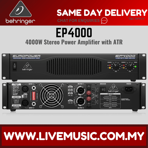 Behringer Europower EP4000 2-channel power amplifier showing front and rear panels