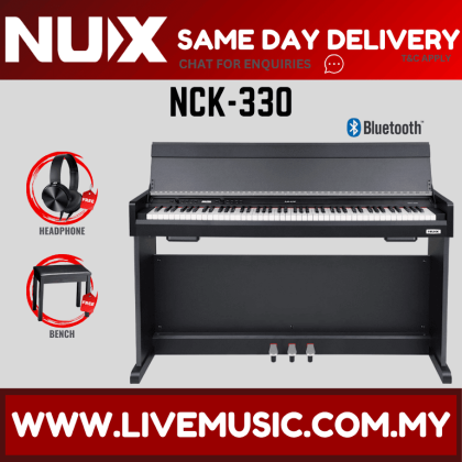 Black 88-key digital piano with built-in speakers and Bluetooth, front view.