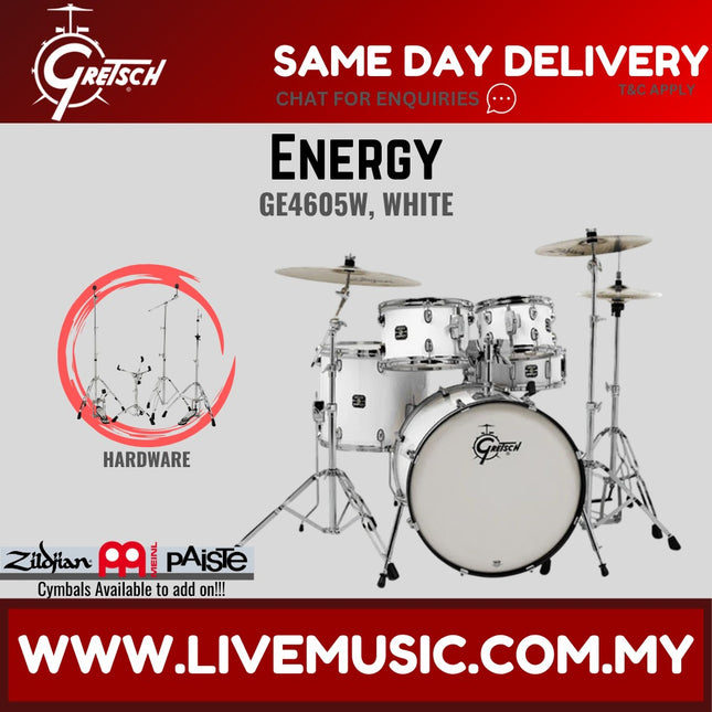 White 5-piece drum set with Gretsch Energy bass drum, toms, snare, stands, cymbals