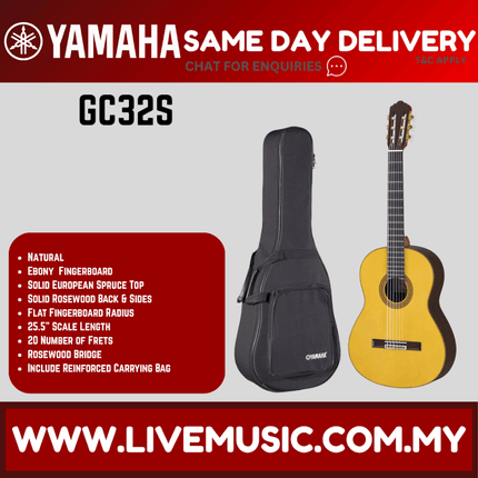 Yamaha GC32S classical guitar with black gig bag and natural wooden body